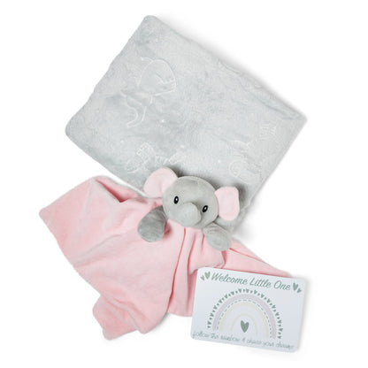 Baby Gift Set Includes Baby Shower Gifts Pink Elephant Comforter, Fleece Baby Blanket, 2 x Muslin Clothes & Gift Card Presented in a Lovely Custom Made Box