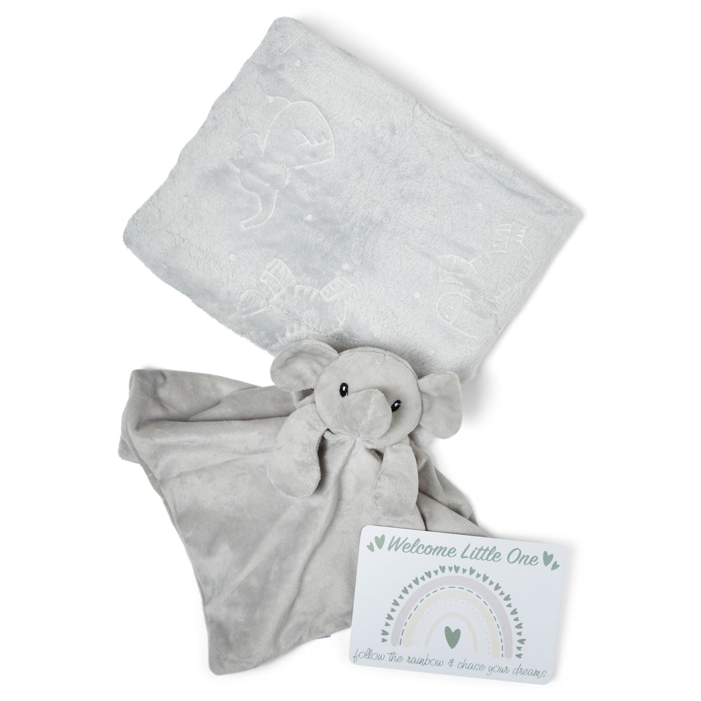 Baby Gift Set Includes Baby Shower Gifts Grey Elephant Comforter, Fleece Baby Blanket, 2 x Muslin Clothes & Gift Card Presented in a Lovely Custom Made Box