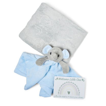 Baby Gift Set Includes Baby Shower Gifts Blue Elephant Comforter, Fleece Baby Blanket, 2 x Muslin Clothes & Gift Card Presented in a Lovely Custom Made Box