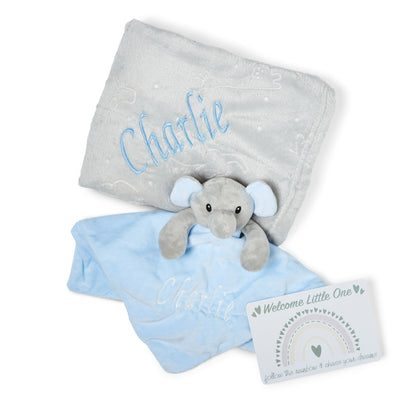 Personalised Baby Gift Set Includes Baby Shower Gifts with Personalised Comforter, Personalised Fleece Baby Blanket, 2 x Muslin Clothes & Gift Card - Blue