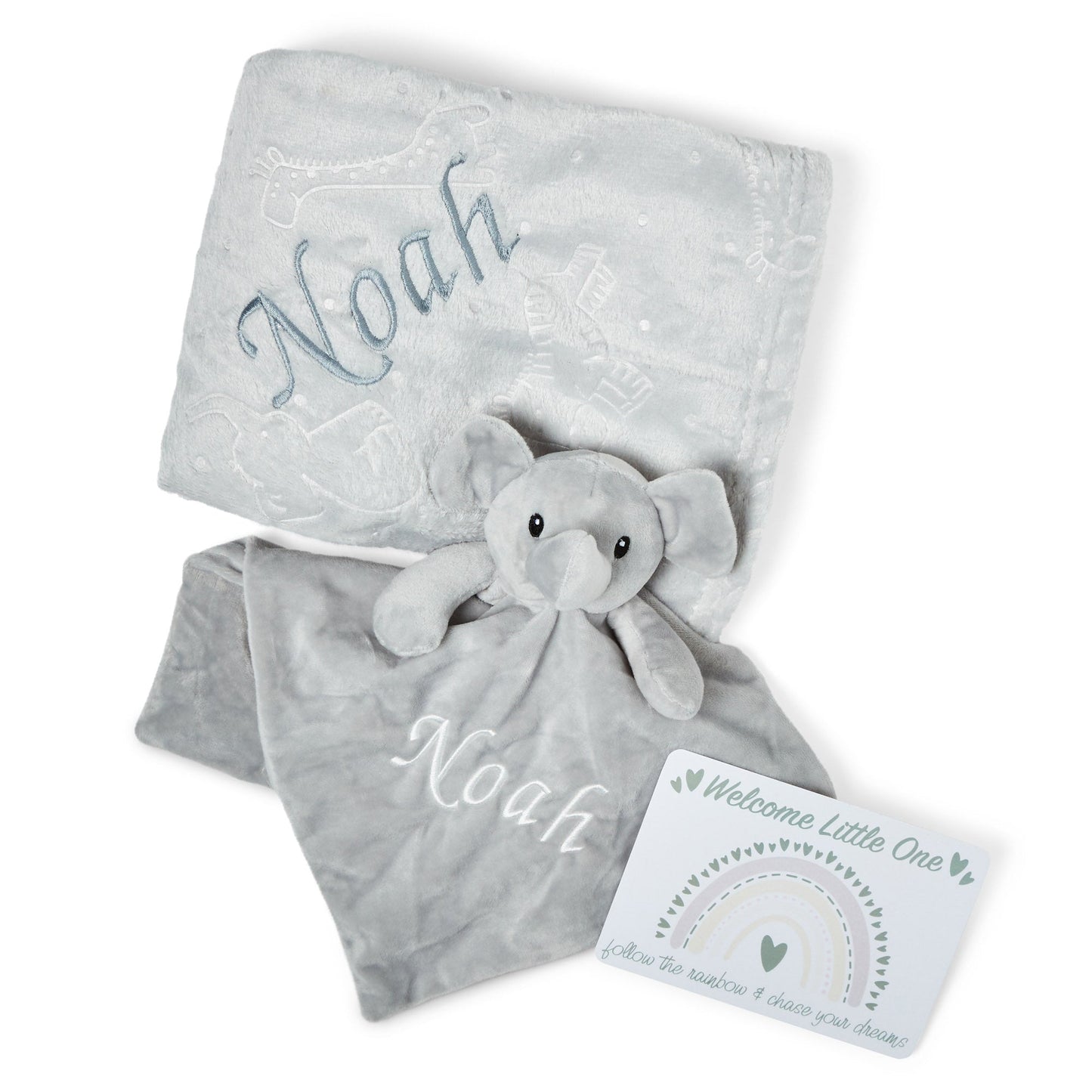 Personalised Baby Gift Set Includes Baby Shower Gifts with Personalised Comforter, Personalised Fleece Baby Blanket, 2 x Muslin Clothes & Gift Card - Grey