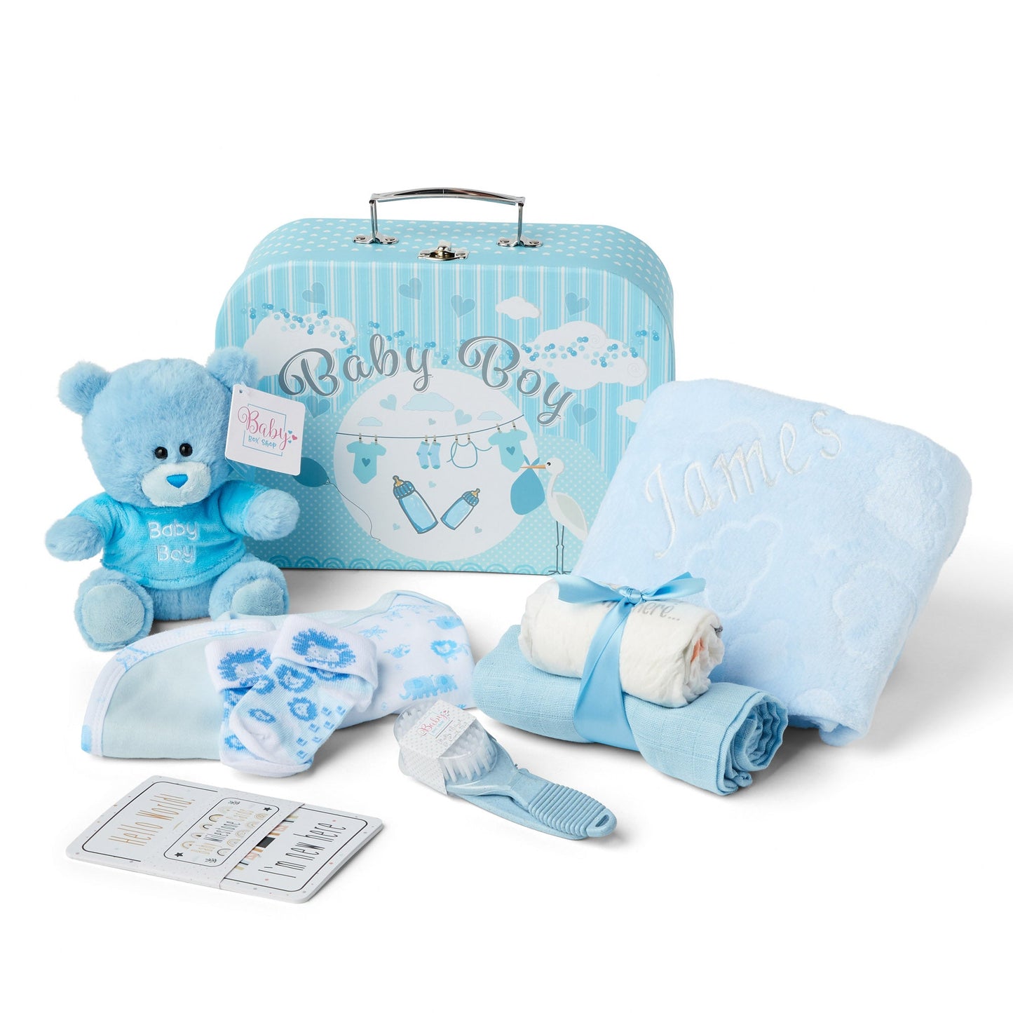 Personalised Baby Gifts - Baby Shower Gifts in Blue Hamper includes Baby Essentials Newborn, Teddy Bear, Newborn Baby Boy Essentials & Baby Boy Gifts