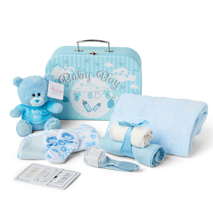 Baby Gifts for Boys - Baby Shower Gifts in Blue Hamper includes Baby Essentials for Newborn, Teddy Bear, Newborn Baby Boy Essentials & Baby Boy Gifts