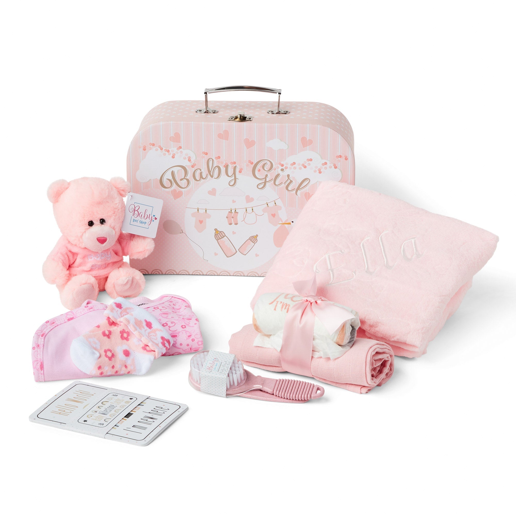 Personalised Baby Girl Gifts - Baby Shower Gifts Pink Hamper with Baby Essentials Newborn, Teddy Bear, Newborn Baby Girl Essentials & Baby Girl Gifts