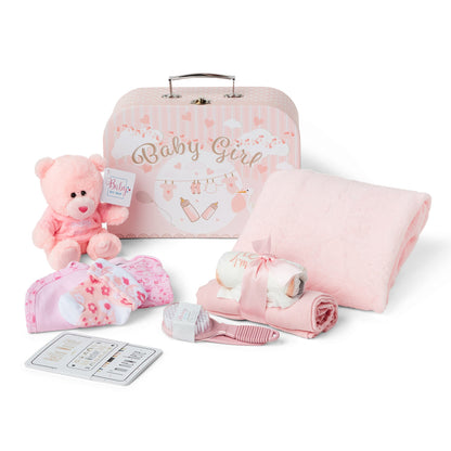 Baby Gifts for Girls - Baby Shower Gifts in Pink Hamper with Baby Essentials for Newborn, Teddy Bear, Newborn Baby Girl Essentials & Baby Girl Gifts