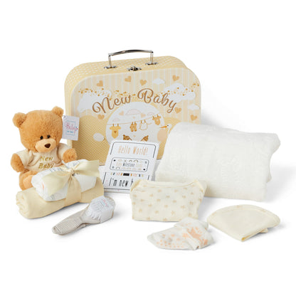 Unisex Baby Shower Gifts - Baby Gifts in Beige Keepsake Box includes Baby Essentials for Newborn, Teddy Bear, New Born Baby Essentials, New Baby Gifts