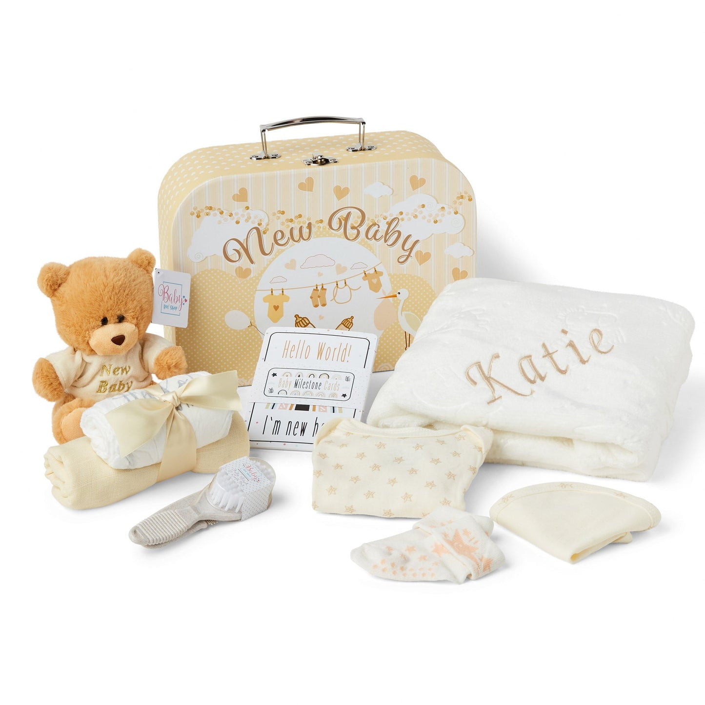 Personalised Baby Gifts - Unisex in Beige Keepsake Box includes Baby Essentials for Newborn, Teddy Bear, New Born Baby Essentials, New Baby Gifts