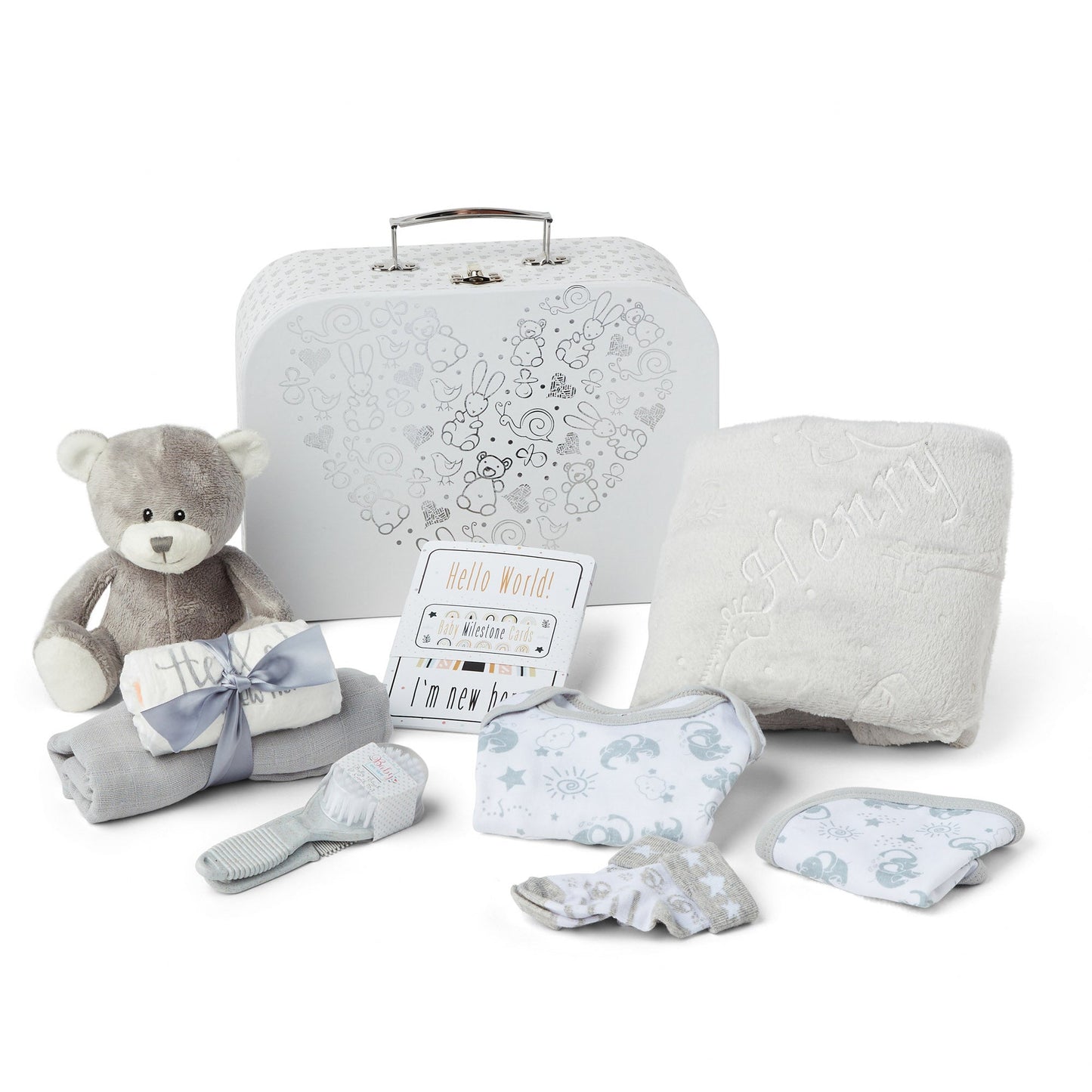 Personalised Baby Gifts - Unisex in Grey Keepsake Box includes Baby Essentials for Newborn, Teddy Bear, New Born Baby Essentials, New Baby Gifts