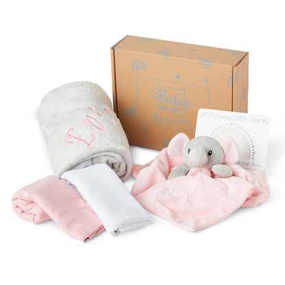 Personalised Baby Gift Set Includes Baby Shower Gifts with Personalised Comforter, Personalised Fleece Baby Blanket, 2 x Muslin Clothes & Gift Card - Pink