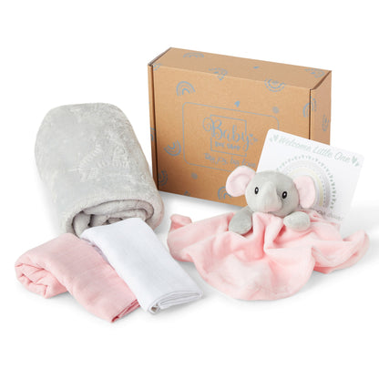 Baby Gift Set Includes Baby Shower Gifts Pink Elephant Comforter, Fleece Baby Blanket, 2 x Muslin Clothes & Gift Card Presented in a Lovely Custom Made Box