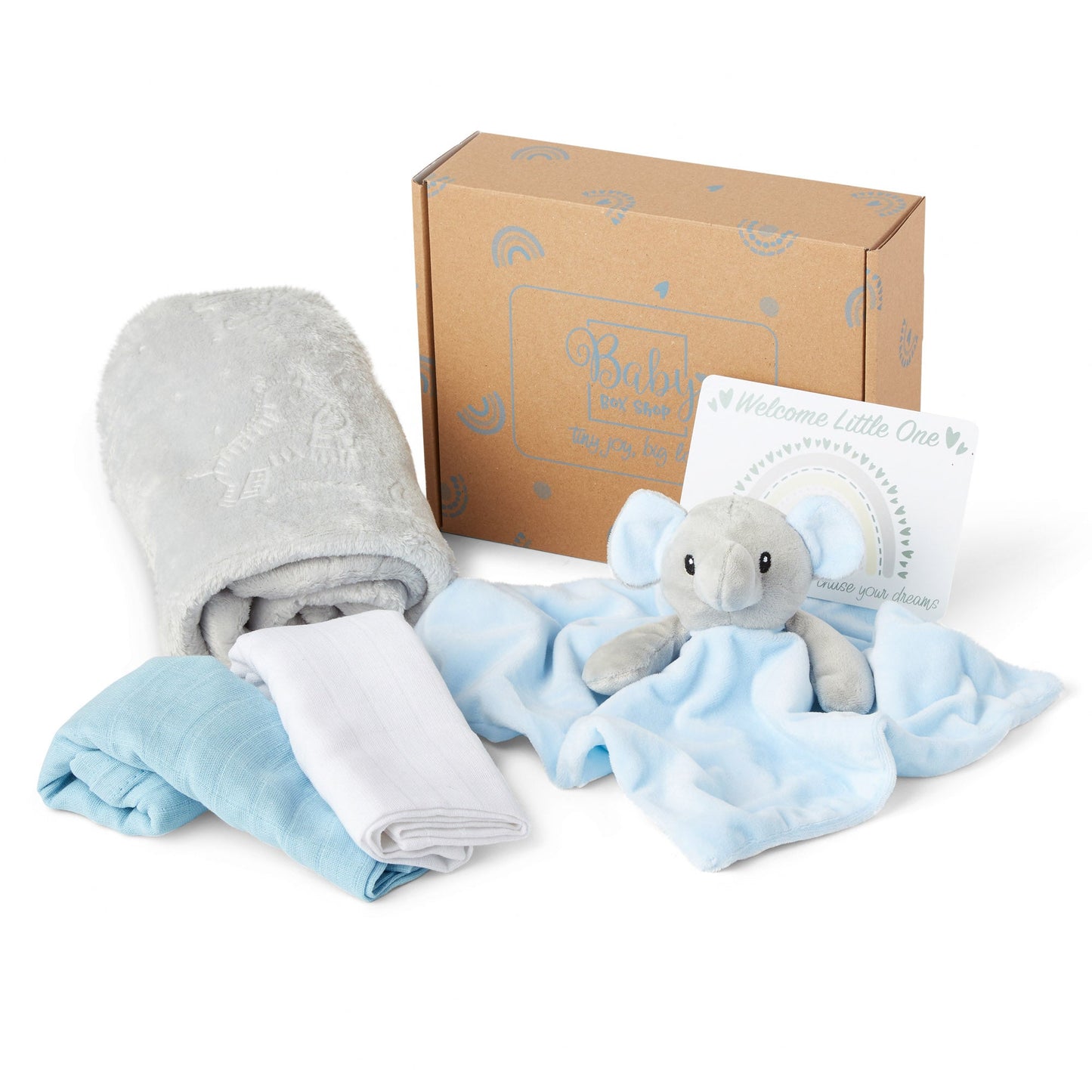 Baby Gift Set Includes Baby Shower Gifts Blue Elephant Comforter, Fleece Baby Blanket, 2 x Muslin Clothes & Gift Card Presented in a Lovely Custom Made Box