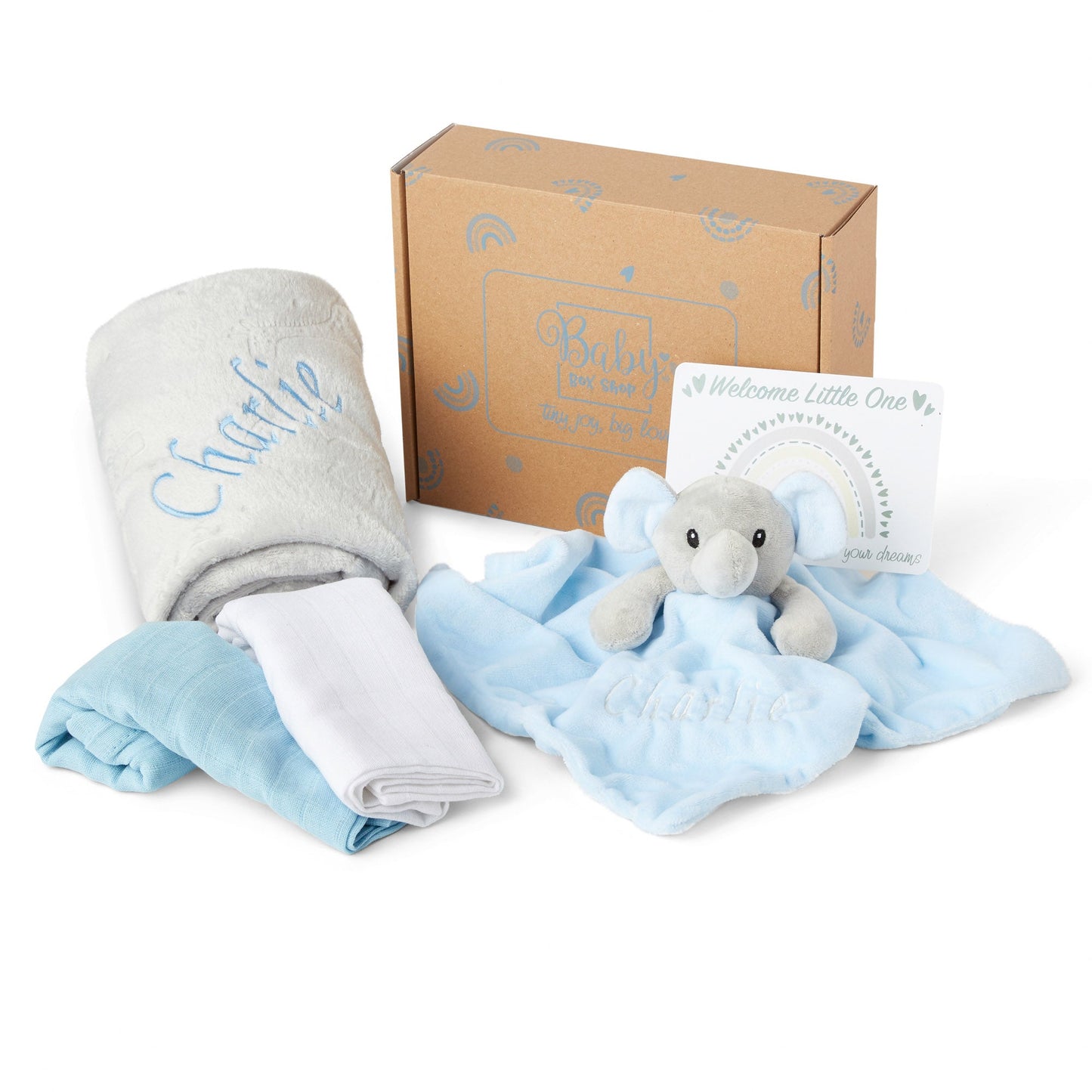 Personalised Baby Gift Set Includes Baby Shower Gifts with Personalised Comforter, Personalised Fleece Baby Blanket, 2 x Muslin Clothes & Gift Card - Blue