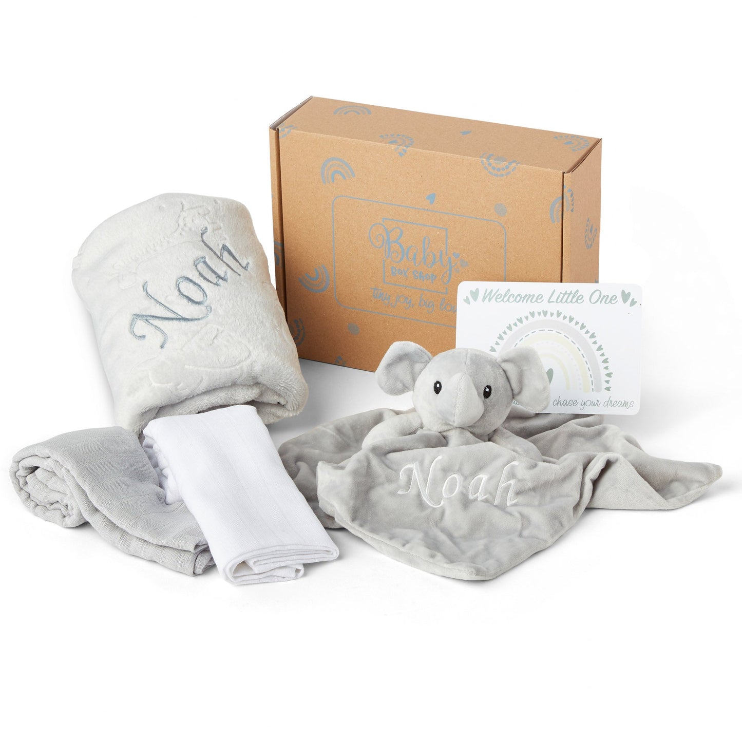 Personalised Baby Gift Set Includes Baby Shower Gifts with Personalised Comforter, Personalised Fleece Baby Blanket, 2 x Muslin Clothes & Gift Card - Grey