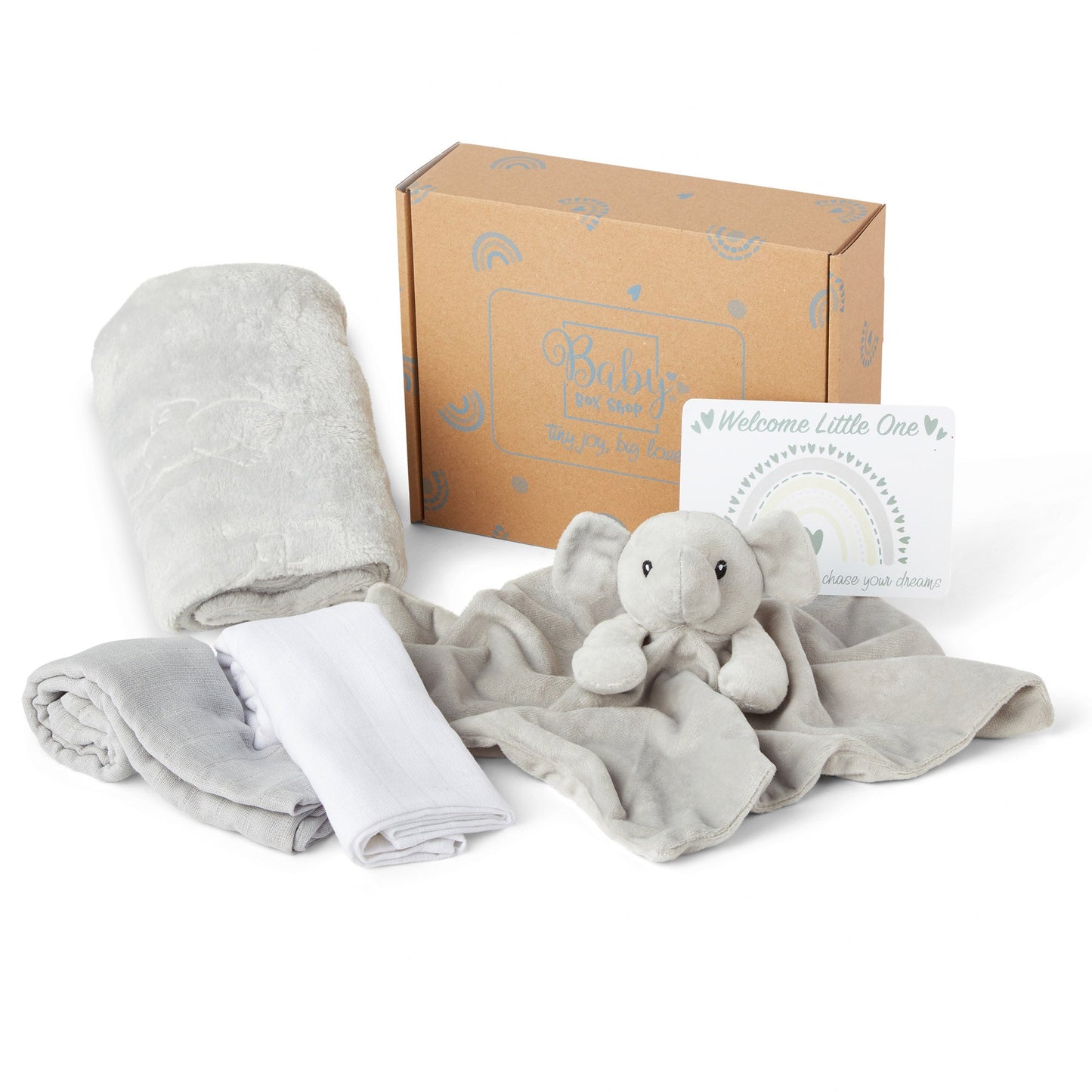 Baby Gift Set Includes Baby Shower Gifts Grey Elephant Comforter, Fleece Baby Blanket, 2 x Muslin Clothes & Gift Card Presented in a Lovely Custom Made Box