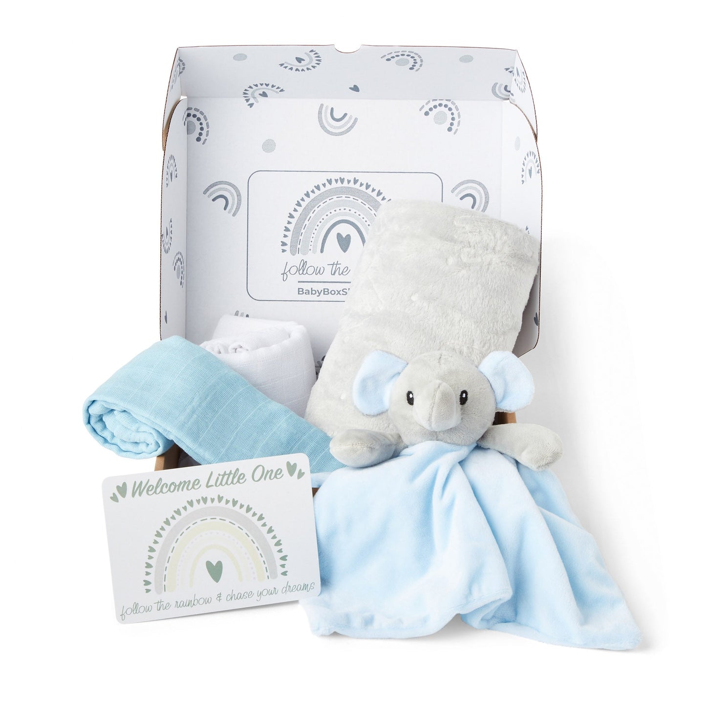 Baby Gift Set Includes Baby Shower Gifts Blue Elephant Comforter, Fleece Baby Blanket, 2 x Muslin Clothes & Gift Card Presented in a Lovely Custom Made Box