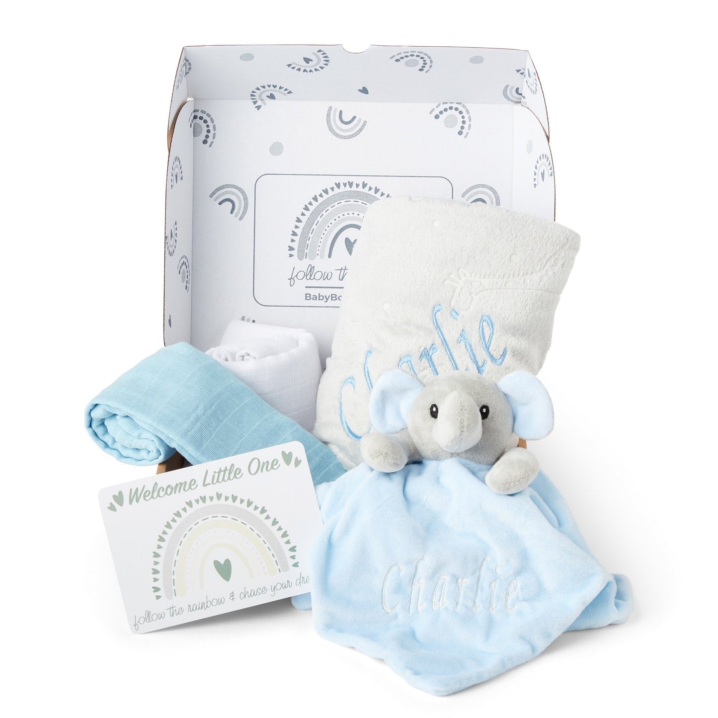 Personalised Baby Gift Set Includes Baby Shower Gifts with Personalised Comforter, Personalised Fleece Baby Blanket, 2 x Muslin Clothes & Gift Card - Blue