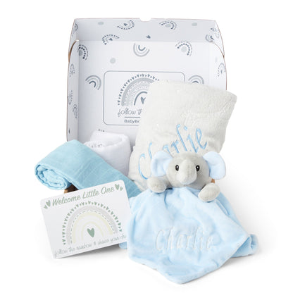 Personalised Baby Gift Set Includes Baby Shower Gifts with Personalised Comforter, Personalised Fleece Baby Blanket, 2 x Muslin Clothes & Gift Card - Blue