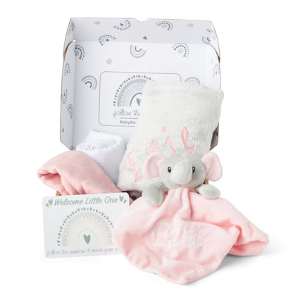 Personalised Baby Gift Set Includes Baby Shower Gifts with Personalised Comforter, Personalised Fleece Baby Blanket, 2 x Muslin Clothes & Gift Card - Pink