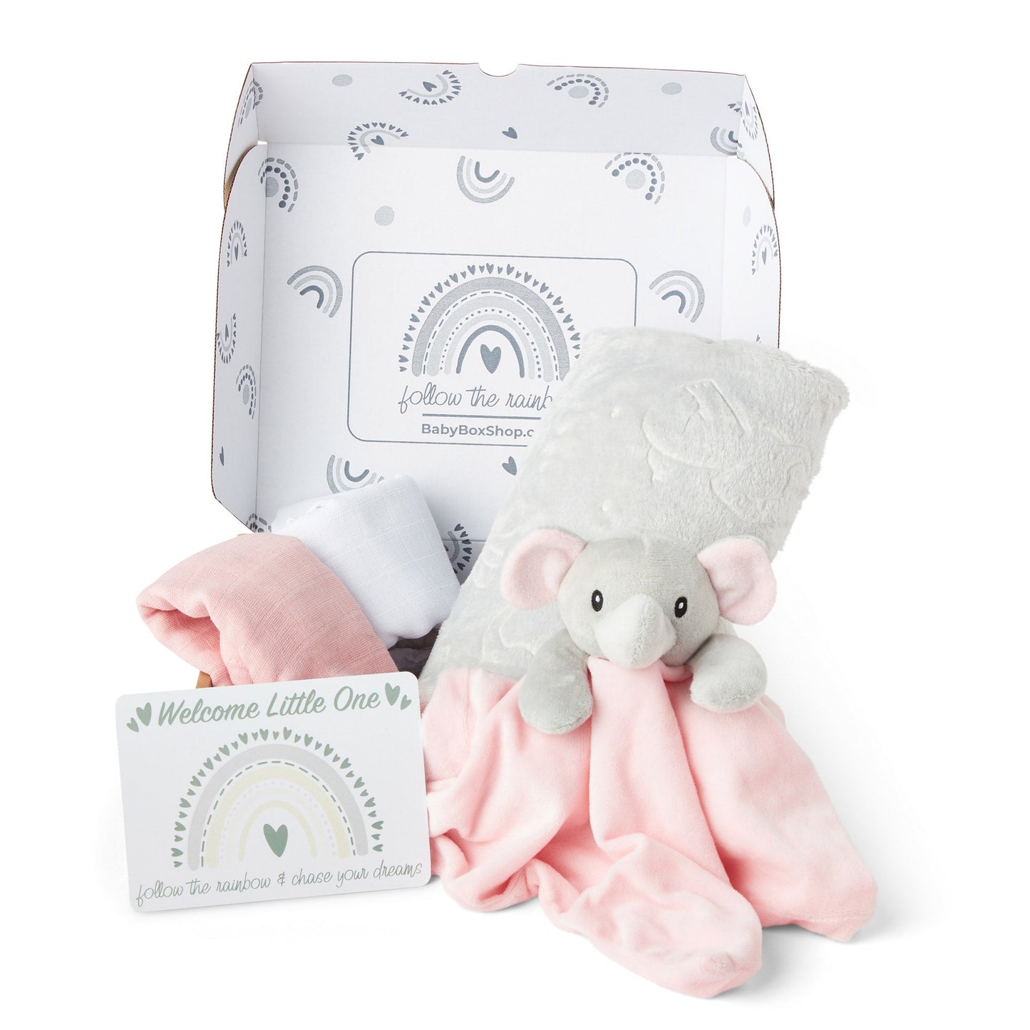 Baby Gift Set Includes Baby Shower Gifts Pink Elephant Comforter, Fleece Baby Blanket, 2 x Muslin Clothes & Gift Card Presented in a Lovely Custom Made Box