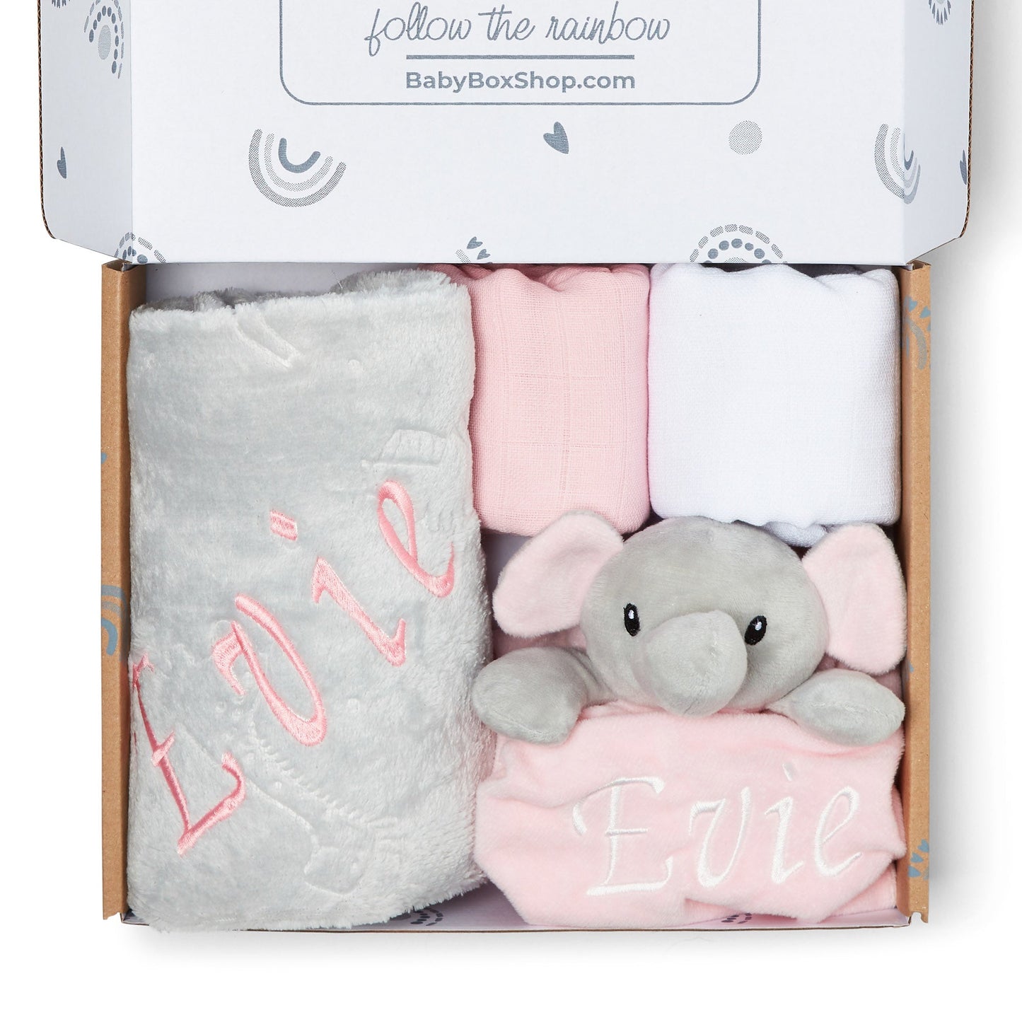 Personalised Baby Gift Set Includes Baby Shower Gifts with Personalised Comforter, Personalised Fleece Baby Blanket, 2 x Muslin Clothes & Gift Card - Pink