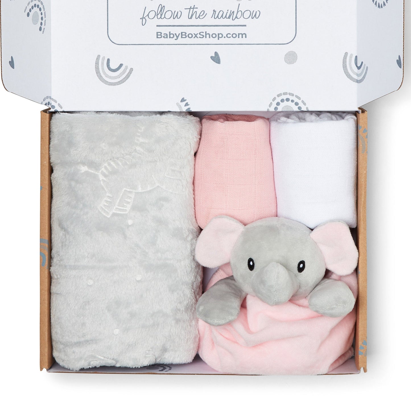 Baby Gift Set Includes Baby Shower Gifts Pink Elephant Comforter, Fleece Baby Blanket, 2 x Muslin Clothes & Gift Card Presented in a Lovely Custom Made Box