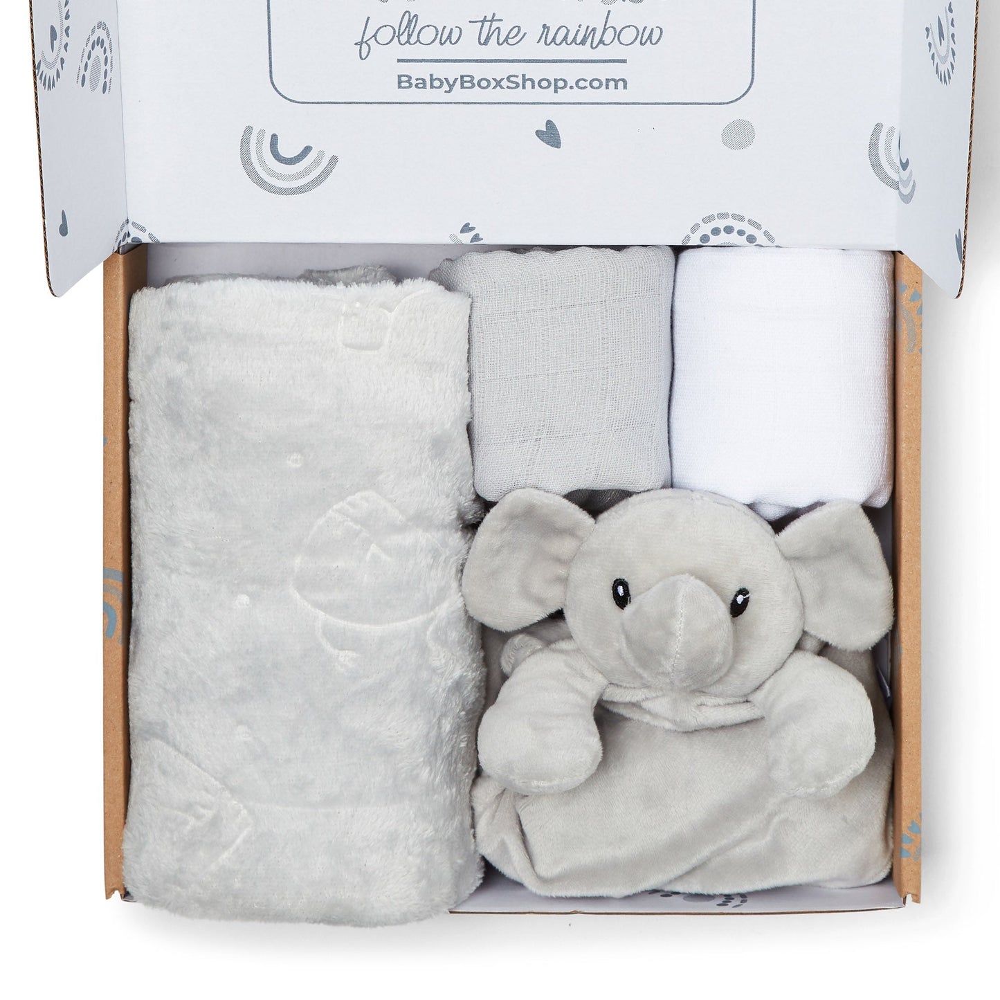 Baby Gift Set Includes Baby Shower Gifts Grey Elephant Comforter, Fleece Baby Blanket, 2 x Muslin Clothes & Gift Card Presented in a Lovely Custom Made Box