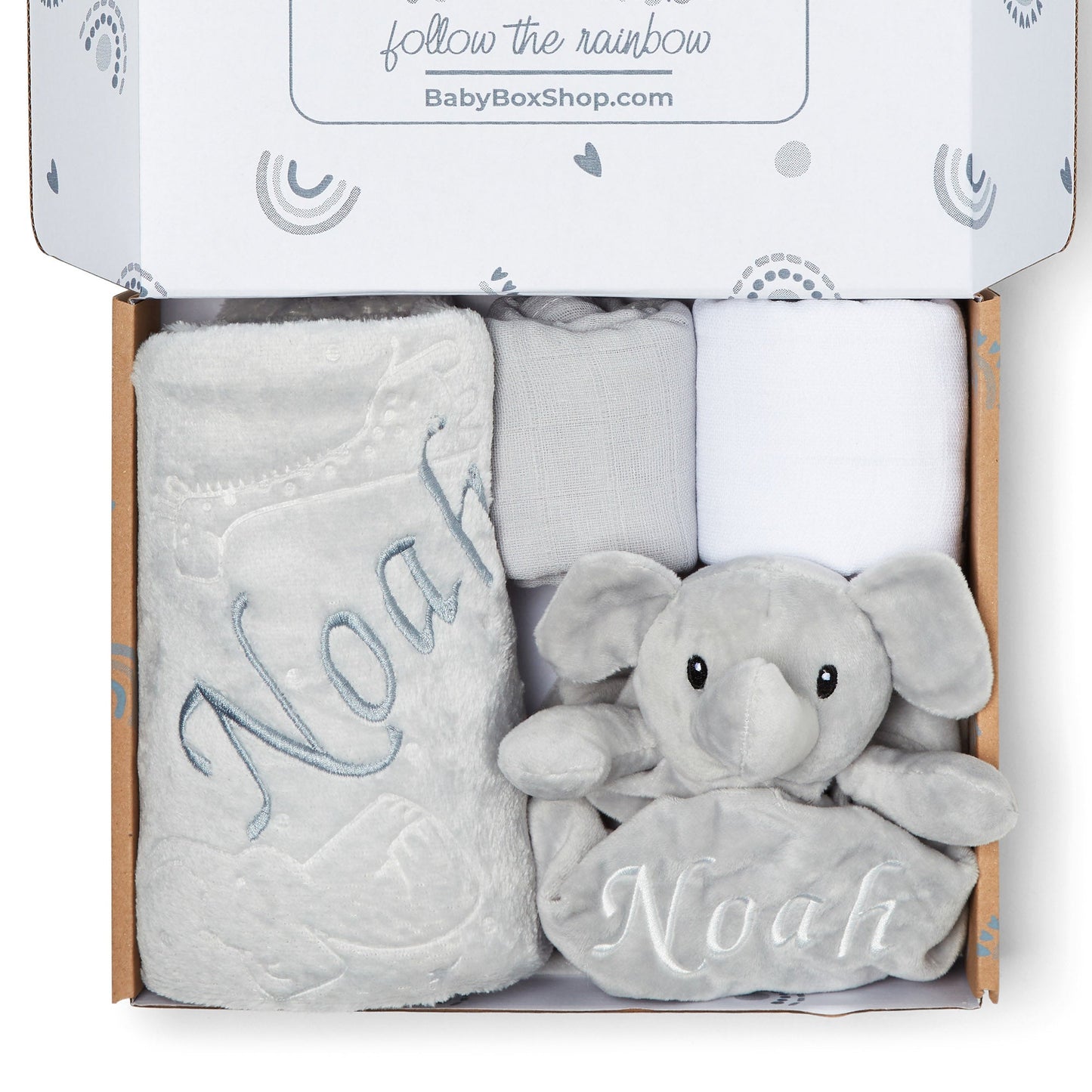 Personalised Baby Gift Set Includes Baby Shower Gifts with Personalised Comforter, Personalised Fleece Baby Blanket, 2 x Muslin Clothes & Gift Card - Grey