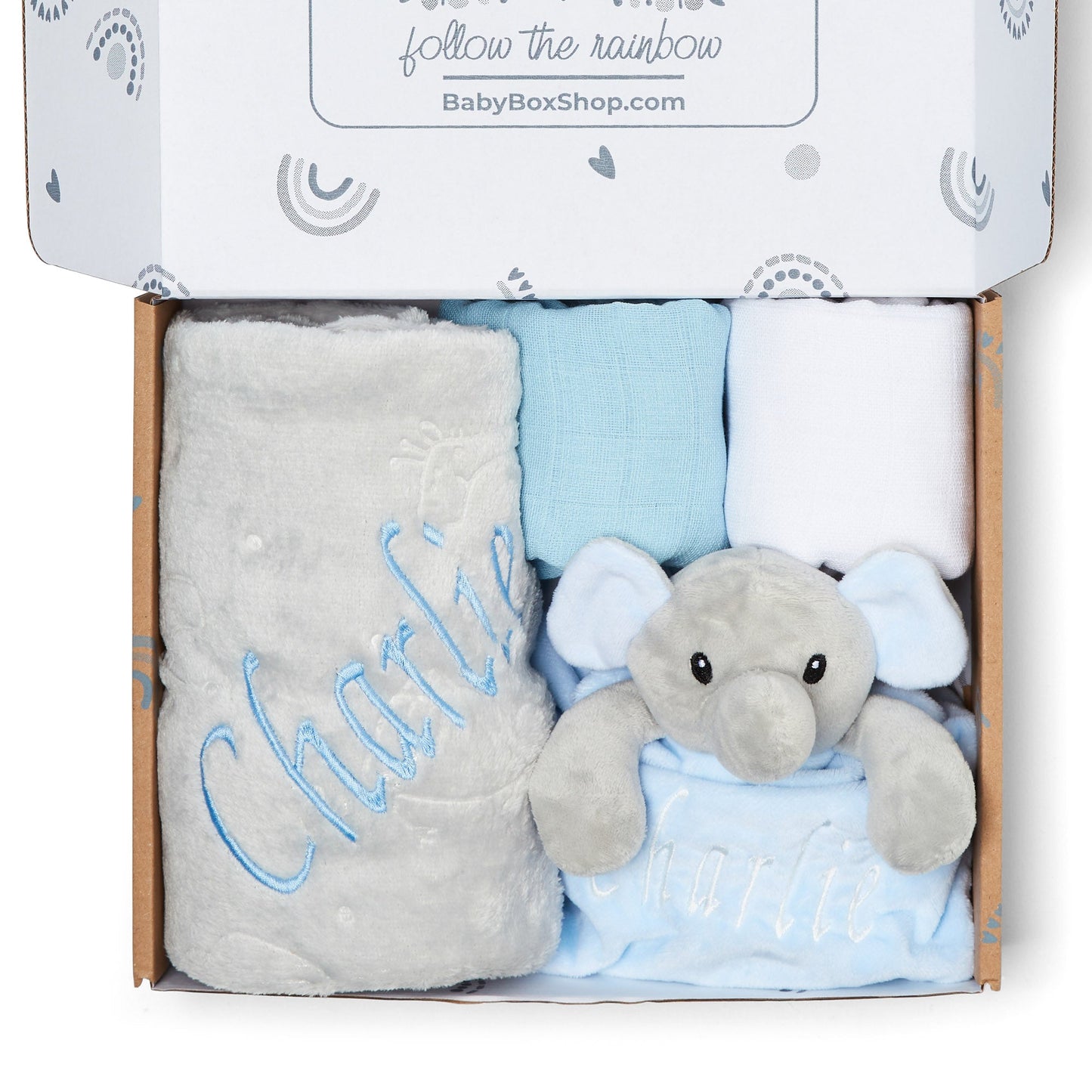 Personalised Baby Gift Set Includes Baby Shower Gifts with Personalised Comforter, Personalised Fleece Baby Blanket, 2 x Muslin Clothes & Gift Card - Blue