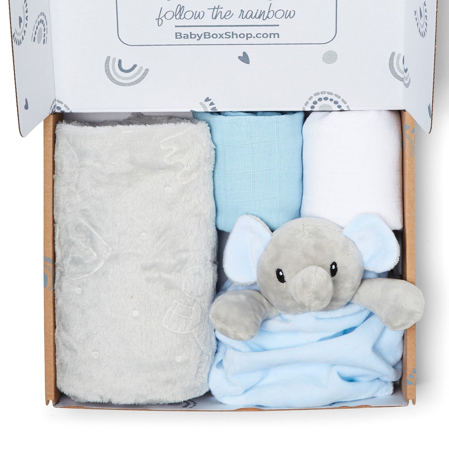 Baby Gift Set Includes Baby Shower Gifts Blue Elephant Comforter, Fleece Baby Blanket, 2 x Muslin Clothes & Gift Card Presented in a Lovely Custom Made Box