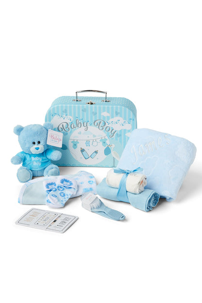 Personalised Baby Gifts - Baby Shower Gifts in Blue Hamper includes Baby Essentials Newborn, Teddy Bear, Newborn Baby Boy Essentials & Baby Boy Gifts