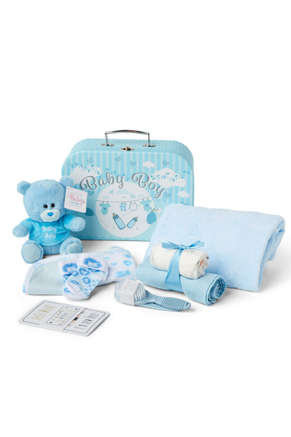 Baby Gifts for Boys - Baby Shower Gifts in Blue Hamper includes Baby Essentials for Newborn, Teddy Bear, Newborn Baby Boy Essentials & Baby Boy Gifts