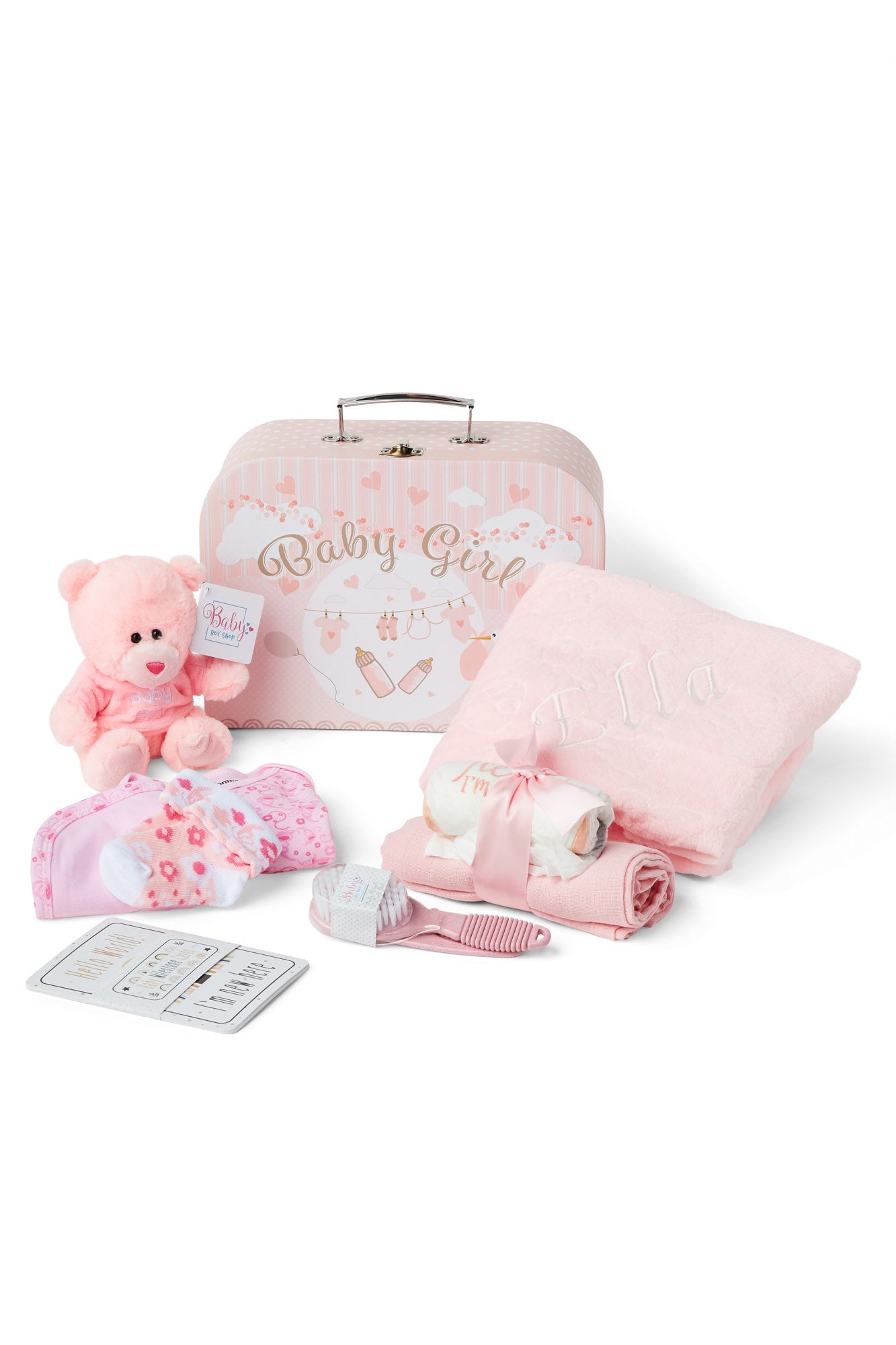 Personalised Baby Girl Gifts - Baby Shower Gifts Pink Hamper with Baby Essentials Newborn, Teddy Bear, Newborn Baby Girl Essentials & Baby Girl Gifts