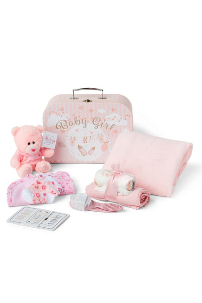 Baby Gifts for Girls - Baby Shower Gifts in Pink Hamper with Baby Essentials for Newborn, Teddy Bear, Newborn Baby Girl Essentials & Baby Girl Gifts