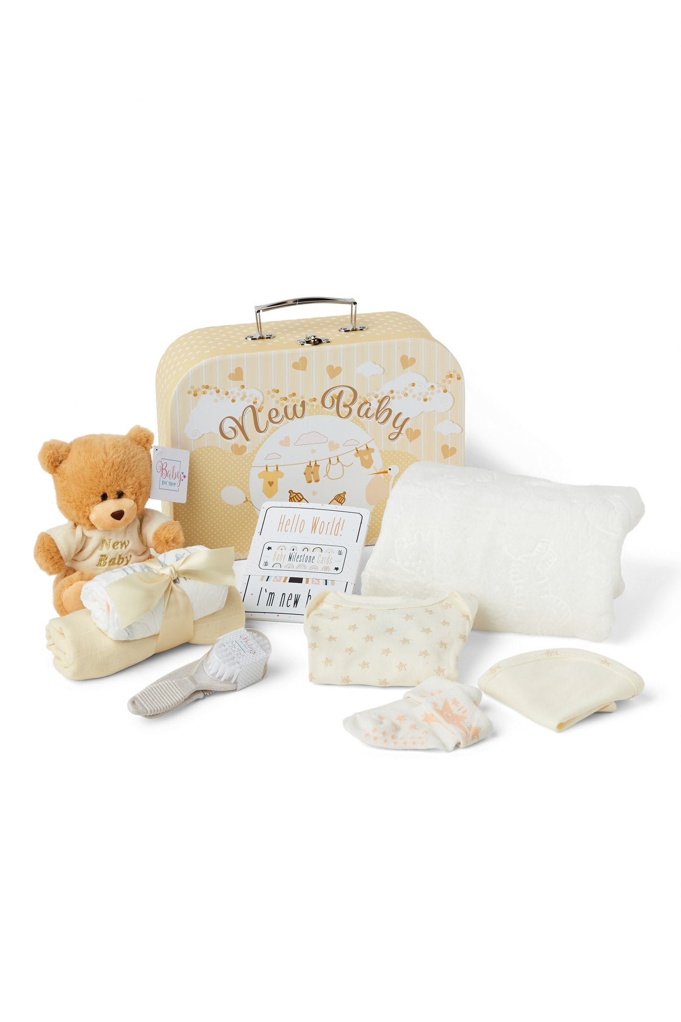 Unisex Baby Shower Gifts - Baby Gifts in Beige Keepsake Box includes Baby Essentials for Newborn, Teddy Bear, New Born Baby Essentials, New Baby Gifts