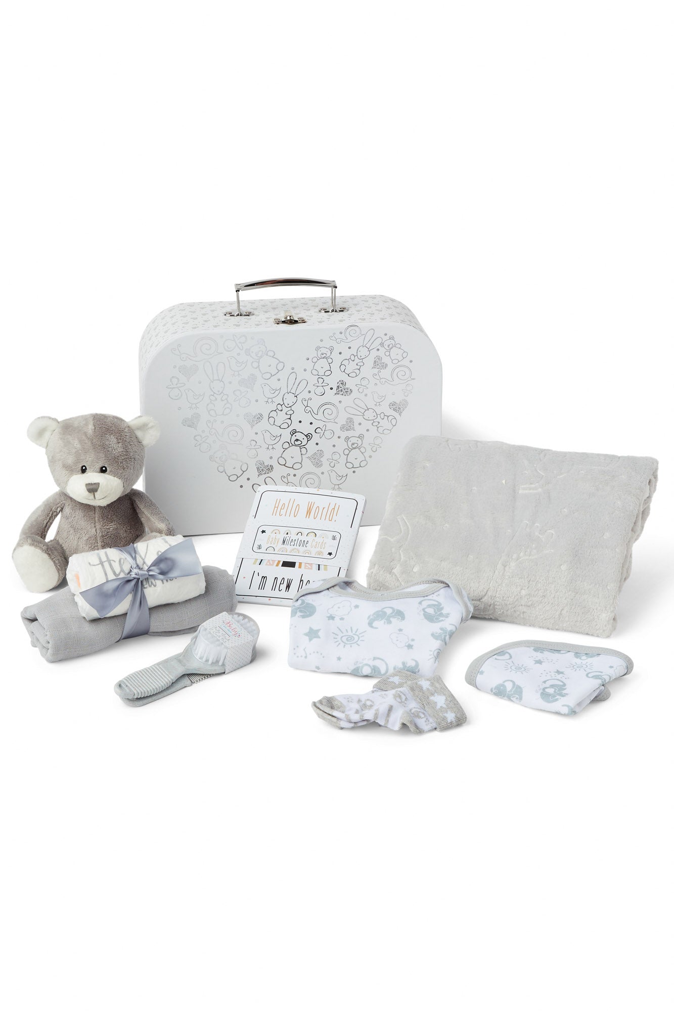 Baby Newborn Baby Gifts - Baby Hamper Grey includes Baby Essentials for Newborn, Teddy Bear, New Born Baby Essentials, New Baby Gifts