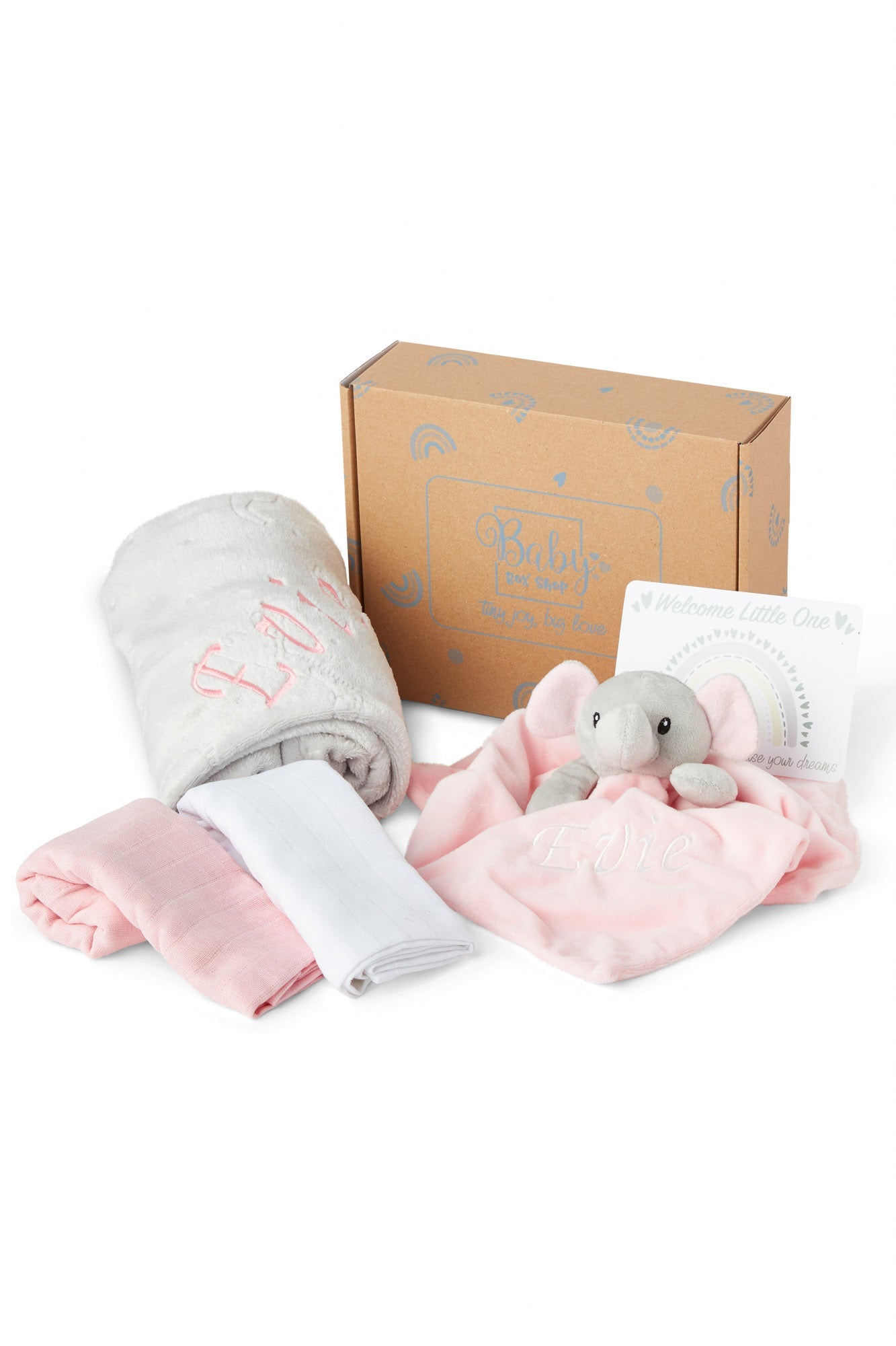 Personalised Baby Gift Set Includes Baby Shower Gifts with Personalised Comforter, Personalised Fleece Baby Blanket, 2 x Muslin Clothes & Gift Card - Pink