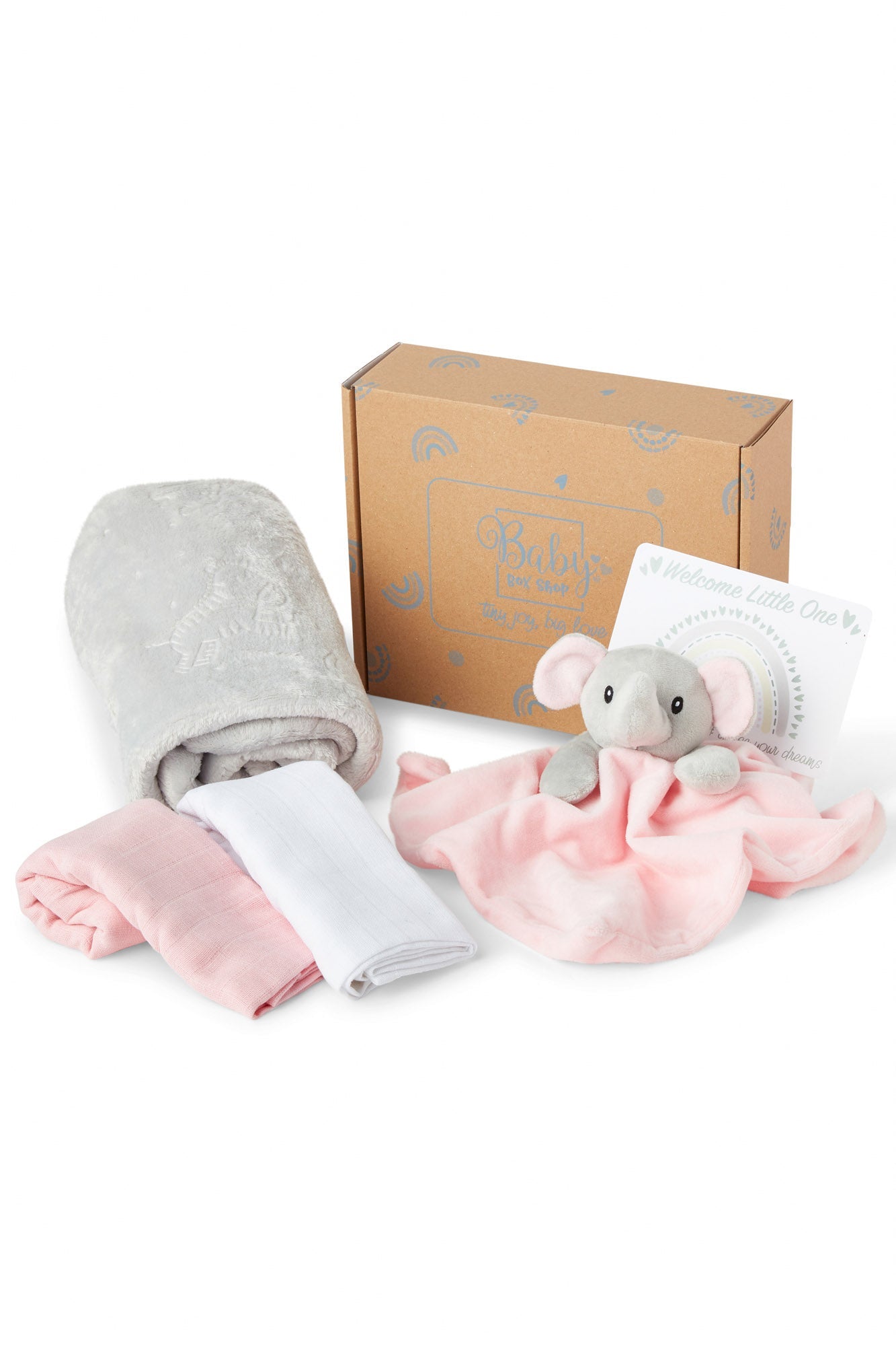 Baby Gift Set Includes Baby Shower Gifts Pink Elephant Comforter, Fleece Baby Blanket, 2 x Muslin Clothes & Gift Card Presented in a Lovely Custom Made Box