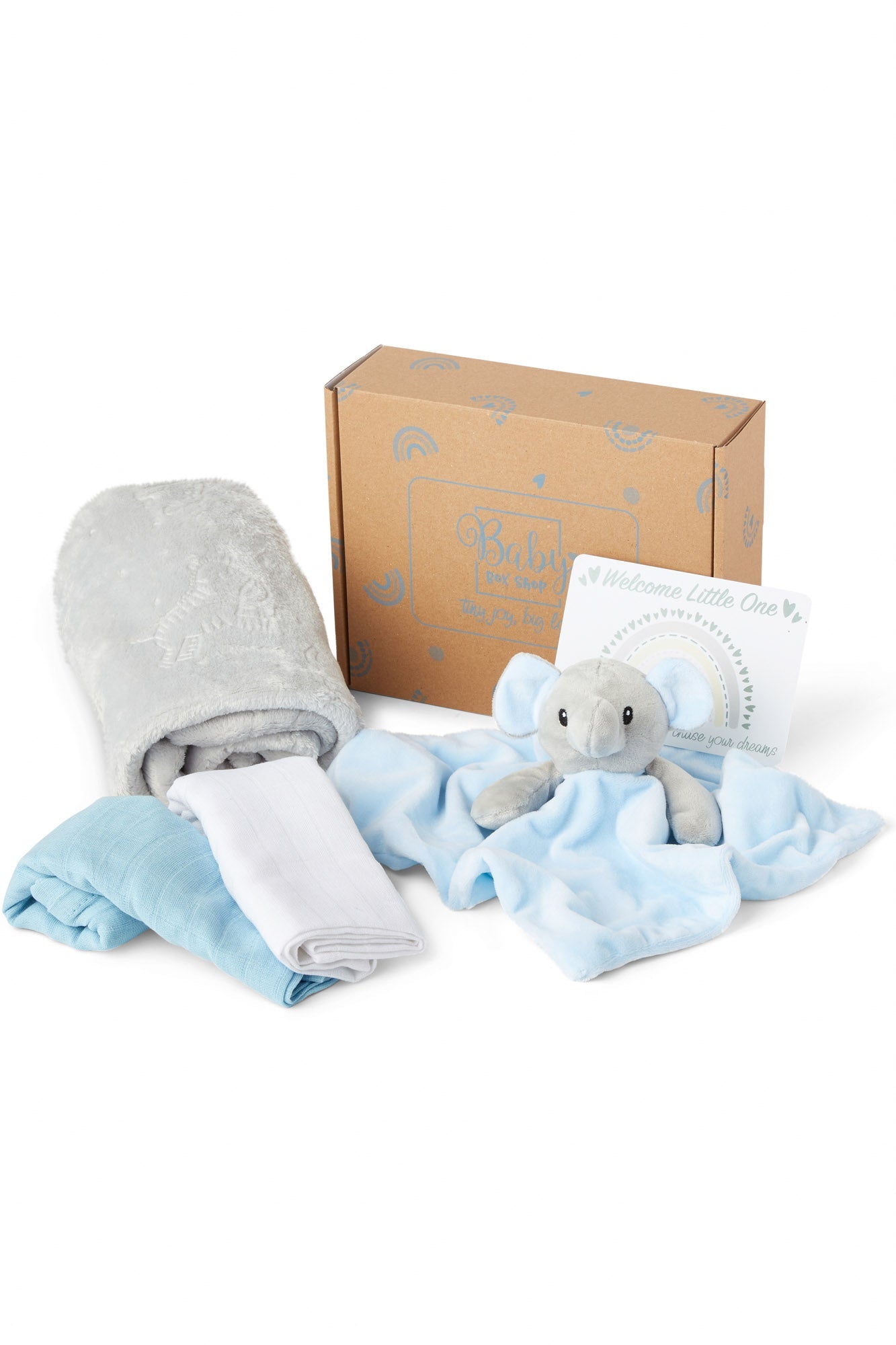 Baby Gift Set Includes Baby Shower Gifts Blue Elephant Comforter, Fleece Baby Blanket, 2 x Muslin Clothes & Gift Card Presented in a Lovely Custom Made Box