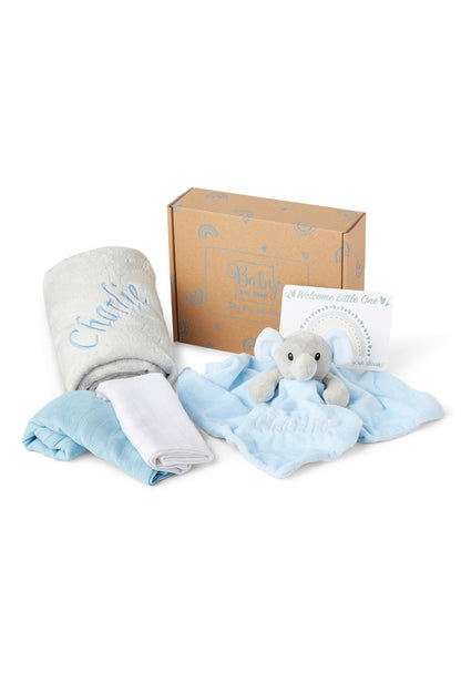 Personalised Baby Gift Set Includes Baby Shower Gifts with Personalised Comforter, Personalised Fleece Baby Blanket, 2 x Muslin Clothes & Gift Card - Blue