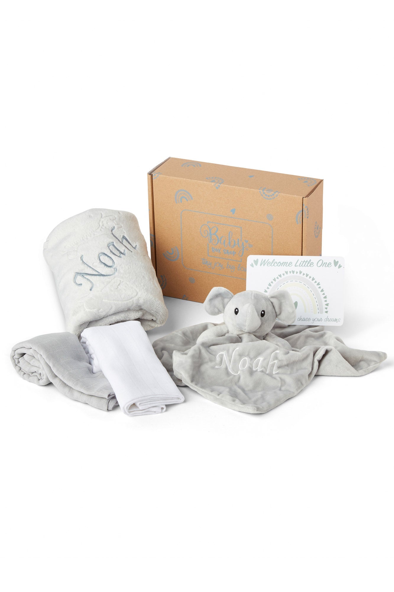 Personalised Baby Gift Set Includes Baby Shower Gifts with Personalised Comforter, Personalised Fleece Baby Blanket, 2 x Muslin Clothes & Gift Card - Grey