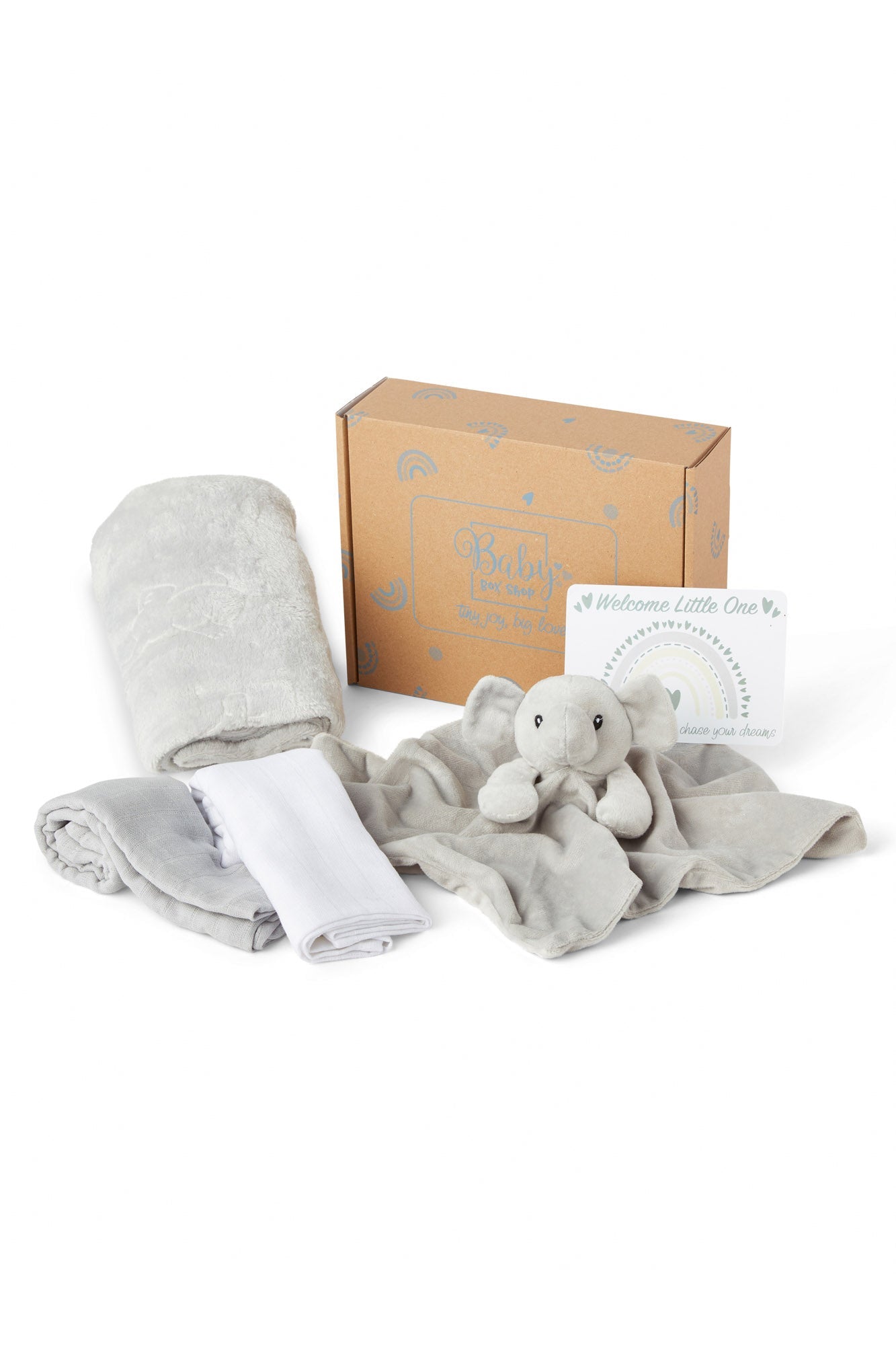 Baby Gift Set Includes Baby Shower Gifts Grey Elephant Comforter, Fleece Baby Blanket, 2 x Muslin Clothes & Gift Card Presented in a Lovely Custom Made Box