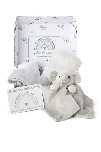 Baby Gift Set Includes Baby Shower Gifts Grey Elephant Comforter, Fleece Baby Blanket, 2 x Muslin Clothes & Gift Card Presented in a Lovely Custom Made Box