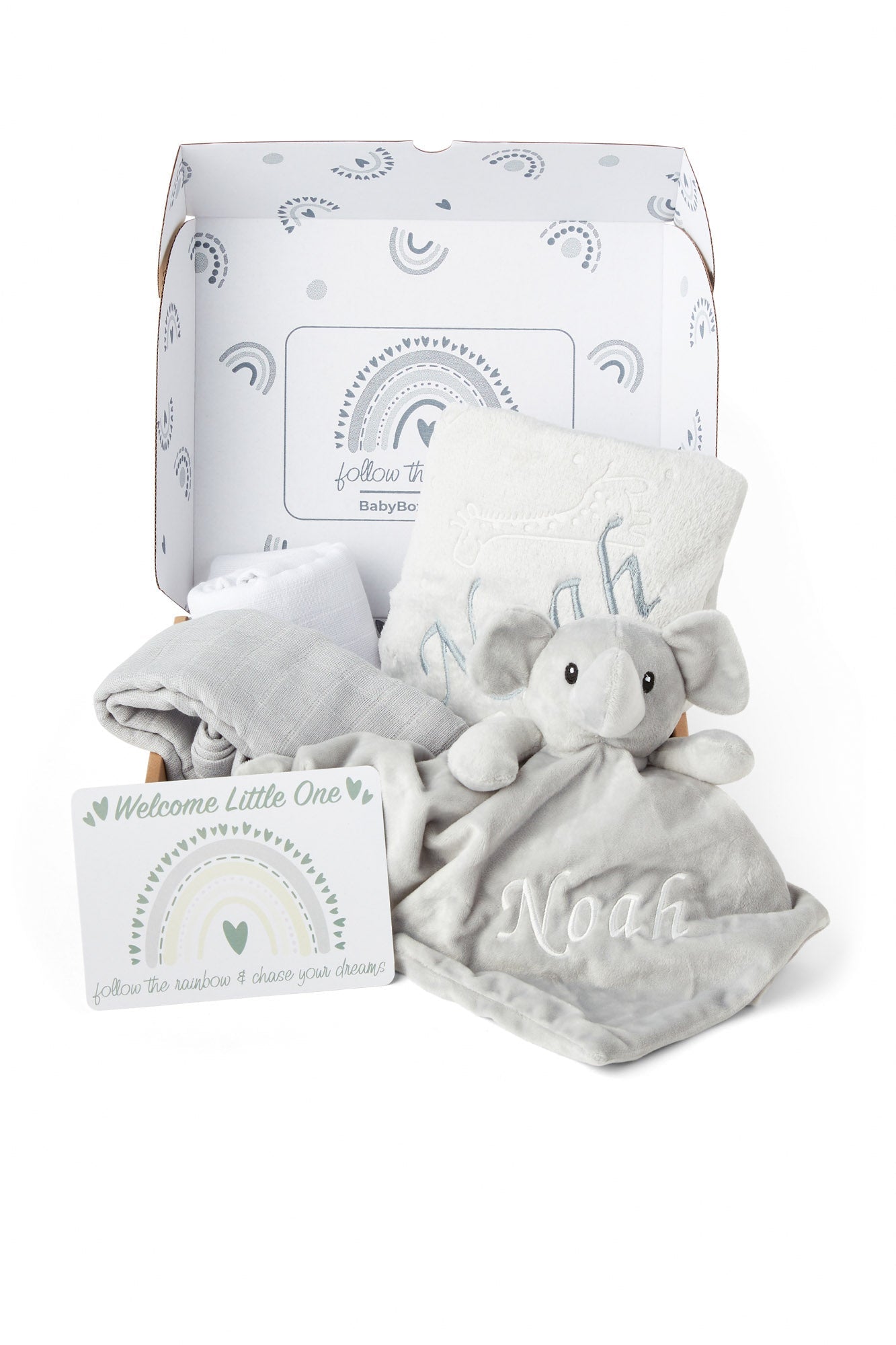 Personalised Baby Gift Set Includes Baby Shower Gifts with Personalised Comforter, Personalised Fleece Baby Blanket, 2 x Muslin Clothes & Gift Card - Grey