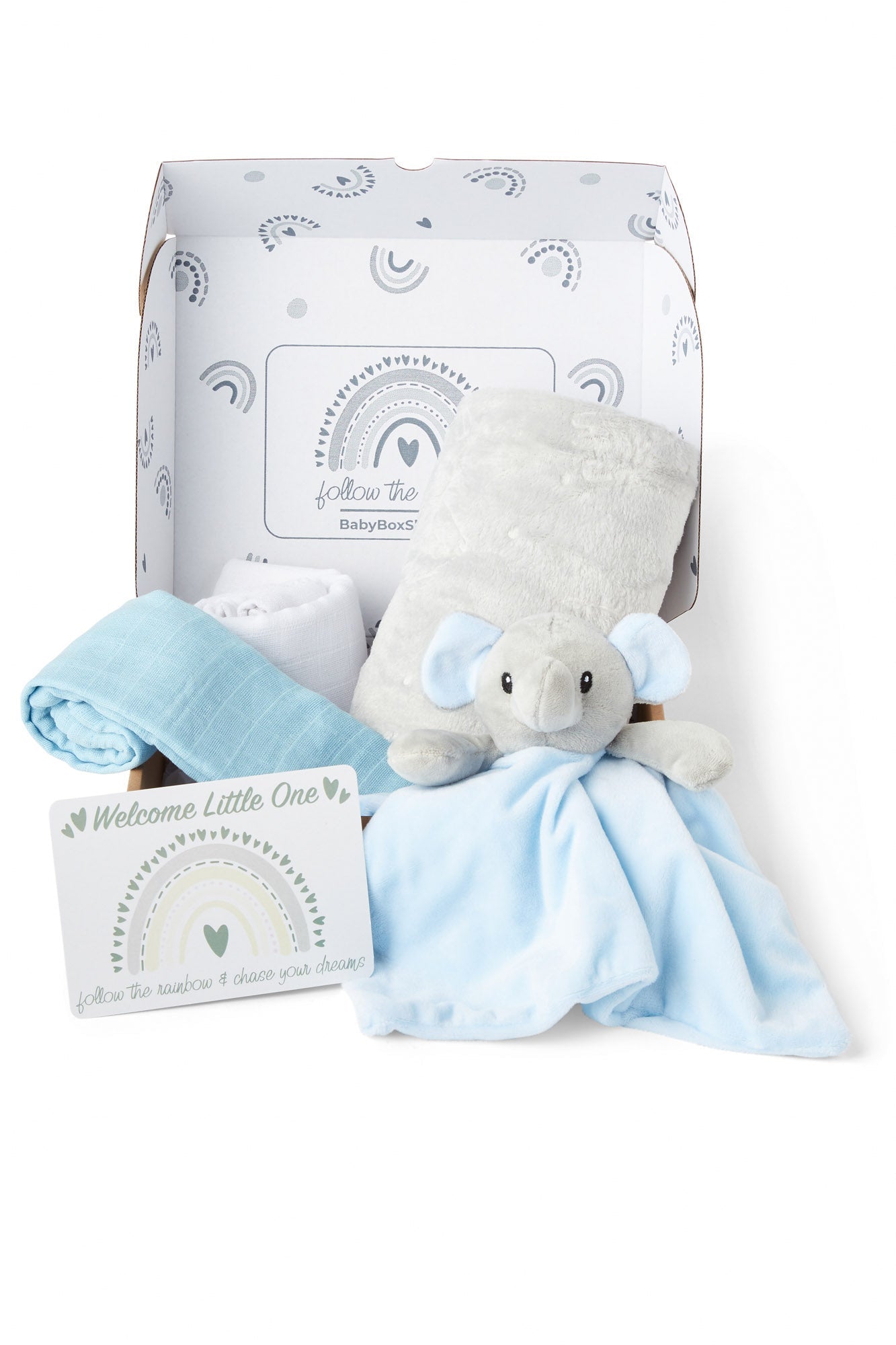 Baby Gift Set Includes Baby Shower Gifts Blue Elephant Comforter, Fleece Baby Blanket, 2 x Muslin Clothes & Gift Card Presented in a Lovely Custom Made Box