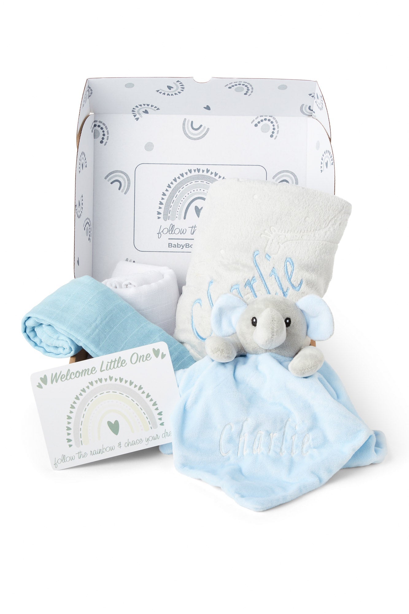 Personalised Baby Gift Set Includes Baby Shower Gifts with Personalised Comforter, Personalised Fleece Baby Blanket, 2 x Muslin Clothes & Gift Card - Blue