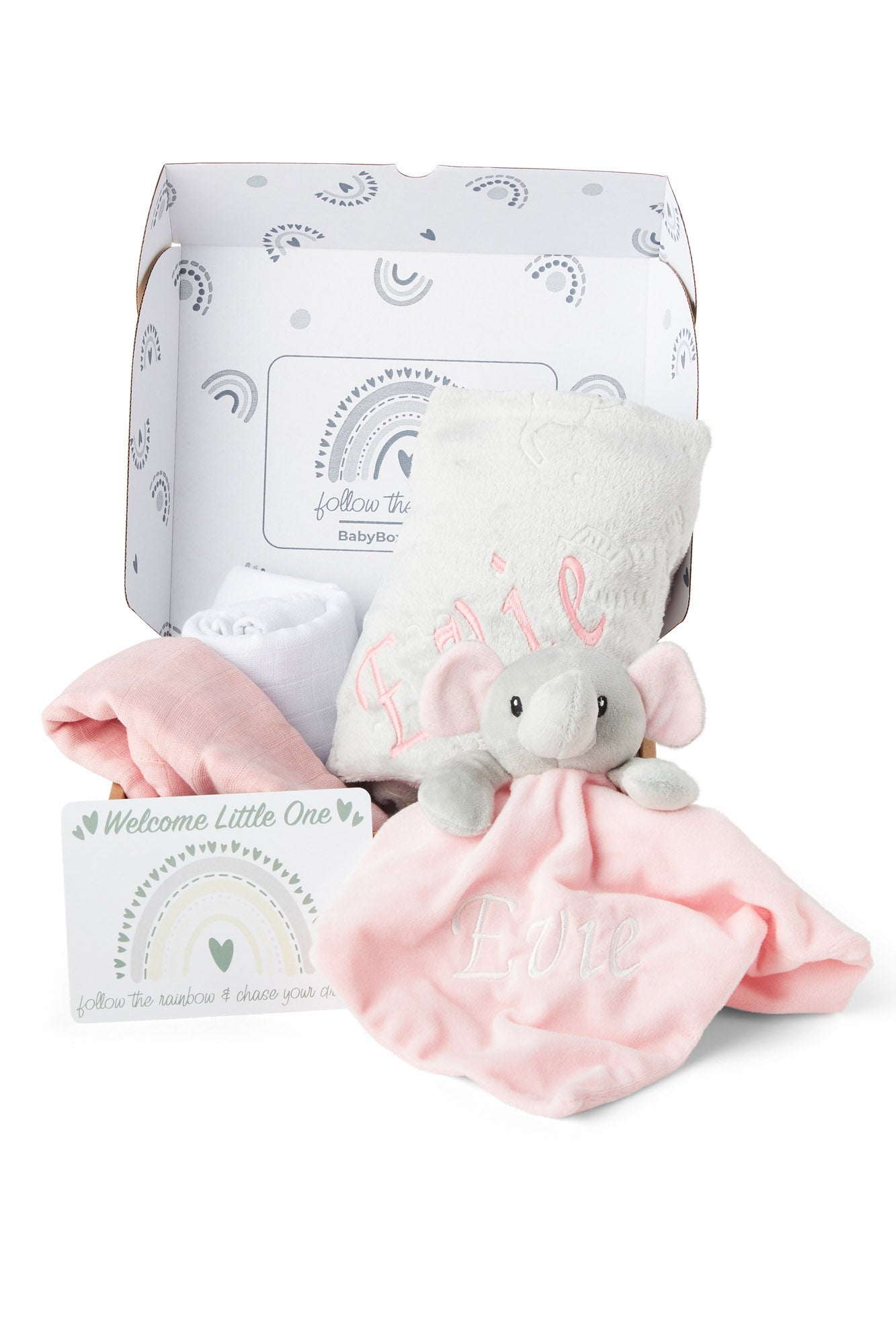 Personalised Baby Gift Set Includes Baby Shower Gifts with Personalised Comforter, Personalised Fleece Baby Blanket, 2 x Muslin Clothes & Gift Card - Pink