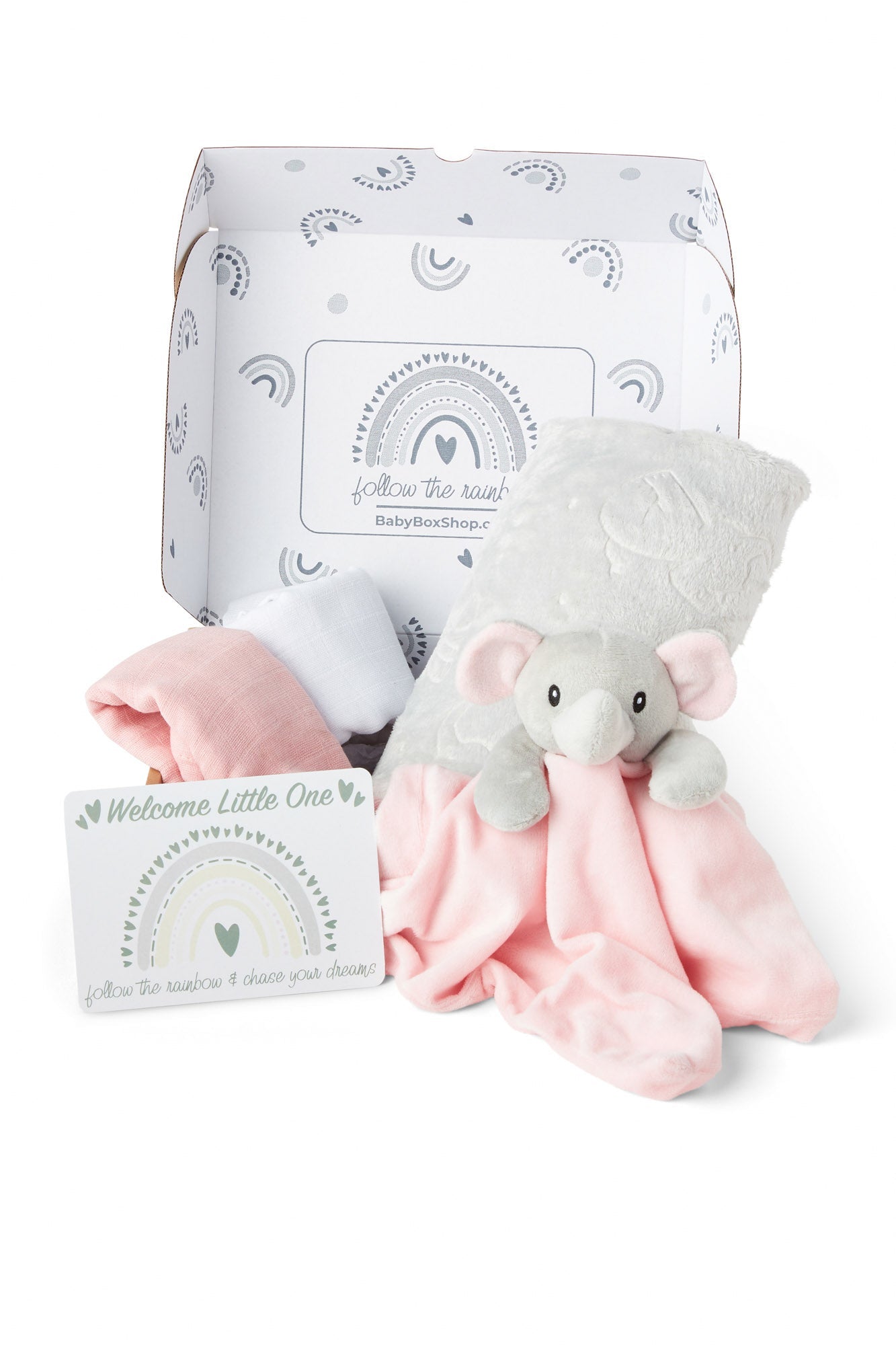 Baby Gift Set Includes Baby Shower Gifts Pink Elephant Comforter, Fleece Baby Blanket, 2 x Muslin Clothes & Gift Card Presented in a Lovely Custom Made Box