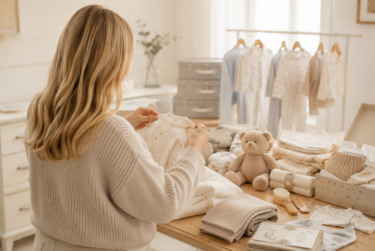A woman with blonde hair, seen from behind, folding a white baby onesie at a wooden table surrounded by baby clothes, a teddy bear, and soft baby accessories in a bright, warm room.
