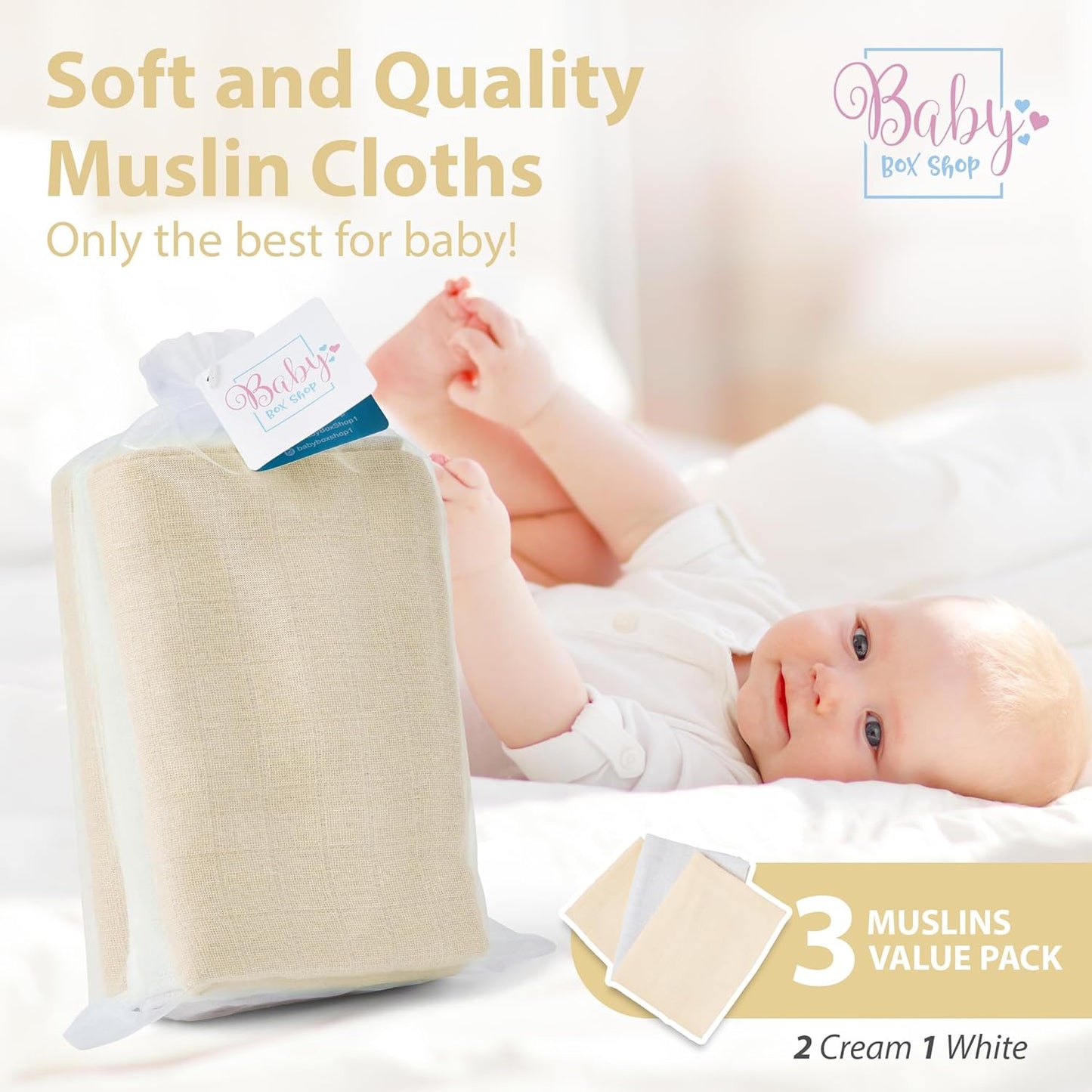 100% Cotton Muslin Cloths Unisex Baby Essentials 2 x Cream 1 x White (Pack of 3)