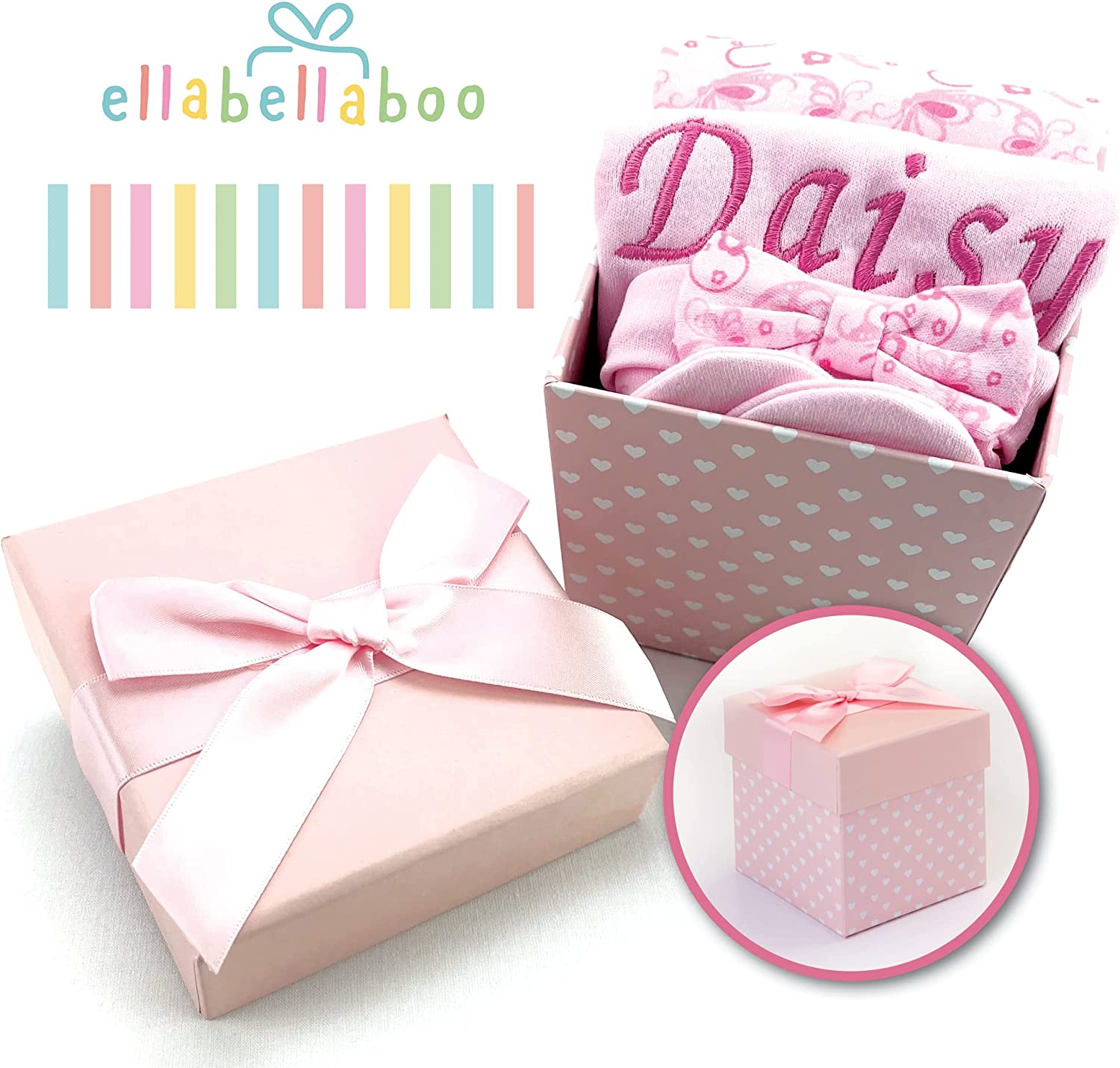 Baby Girl Gifts – Gift Box Personalised Pink Bib with Other Essential Baby Clothes